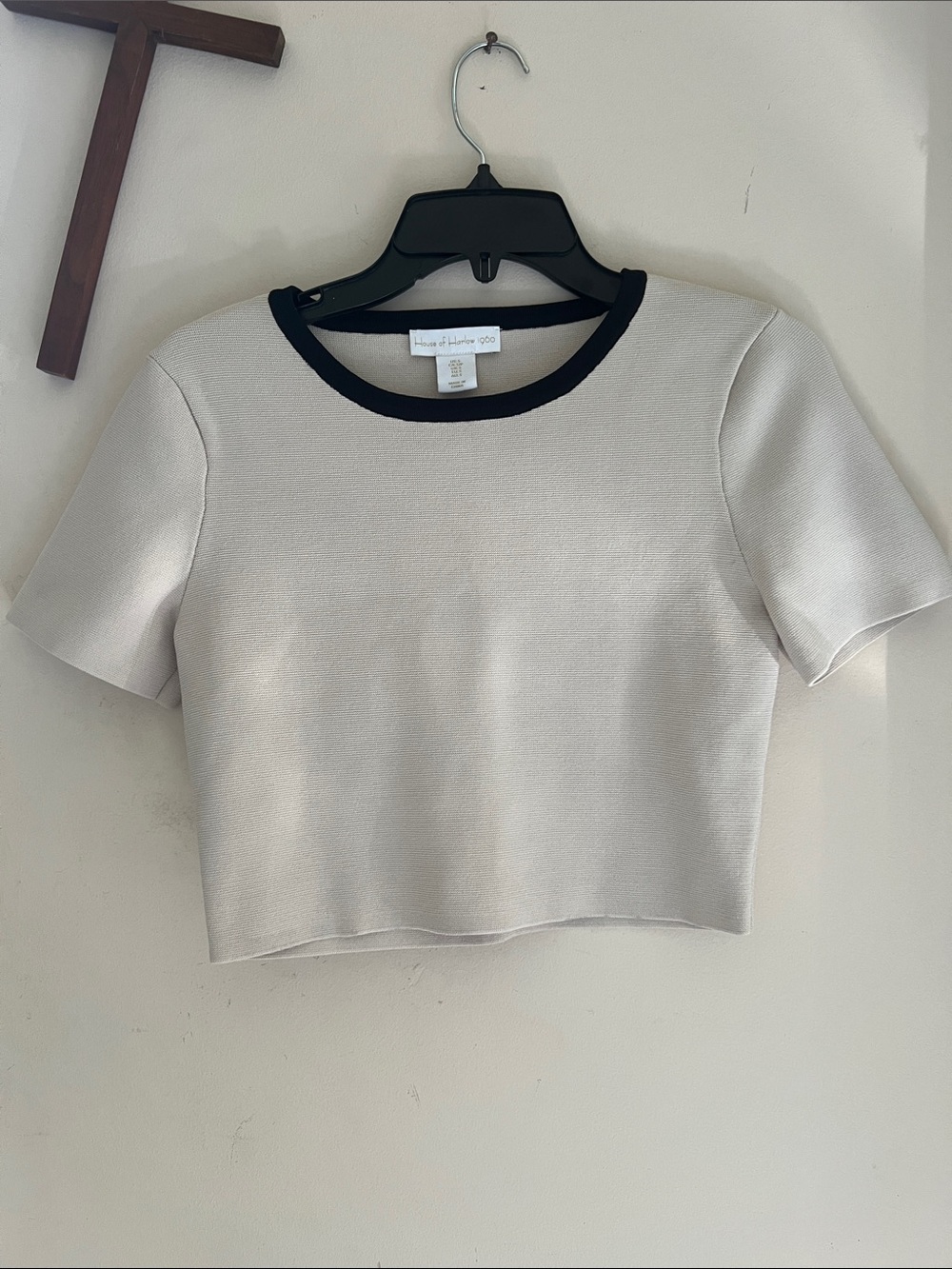 House of Harlow 1960 Cream Short Sleeve Knit Top with Black Trim